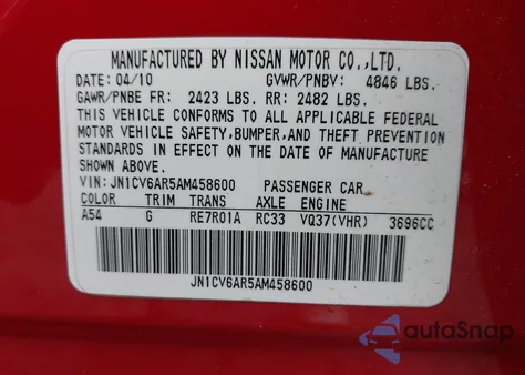 2010 Infiniti G37X from USA, damaged, VIN JN1CV6AR5AM458600